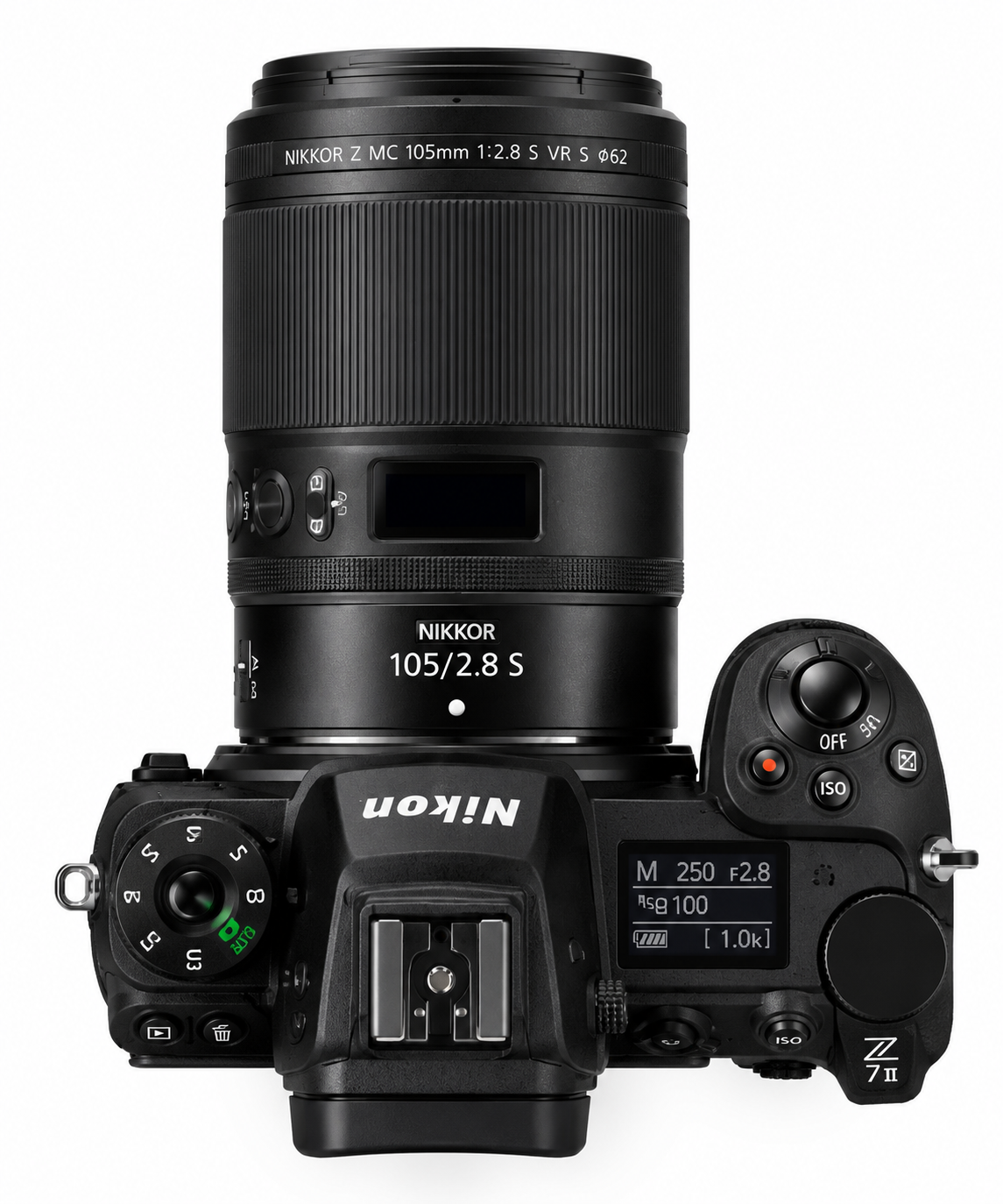 A Nikon Z7 II camera with a large Nikkor 105mm f/2.8 S lens attached.