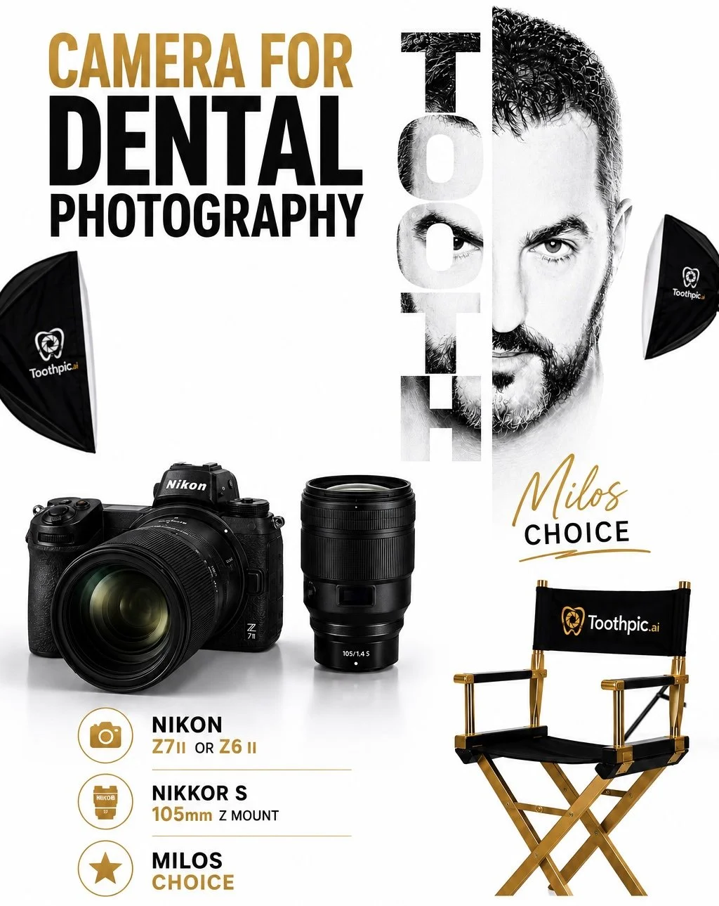 A promotional poster for dental photography equipment featuring a Nikon Z7 II camera and a lens, two softbox lights, and a director's chair with Toothpic branding, with half a man's face and the word "TOOTH" in large letters.