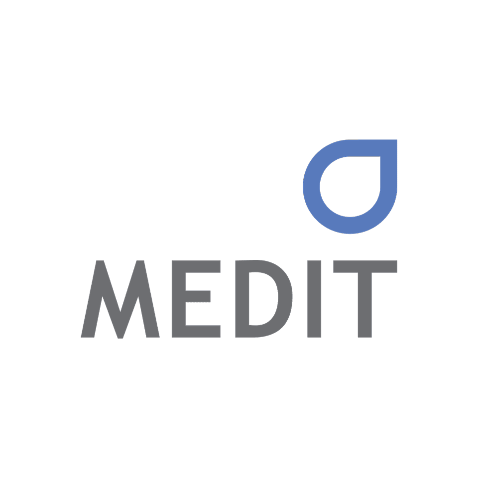 Logo with a blue water droplet icon, the word 'medit' in grey, and handwritten text that says 'Meditate' above 'medit'.