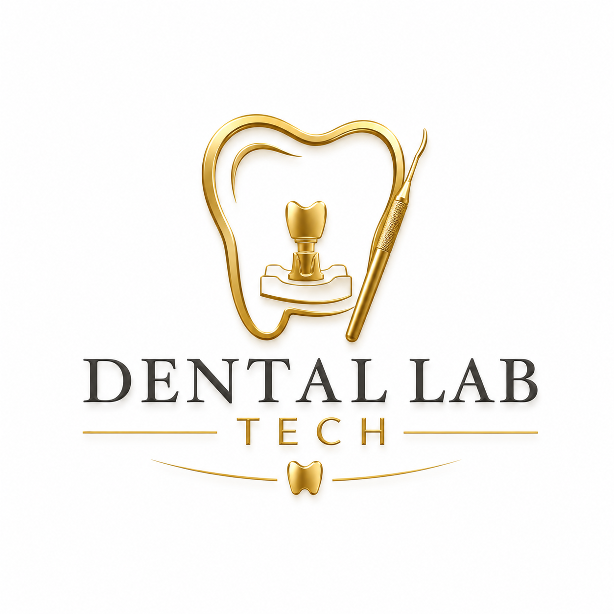 A gold outline of a tooth with a dental implant and a dental probe, alongside the text 'Dental Lab Tech' in black and gold, all on a white background.