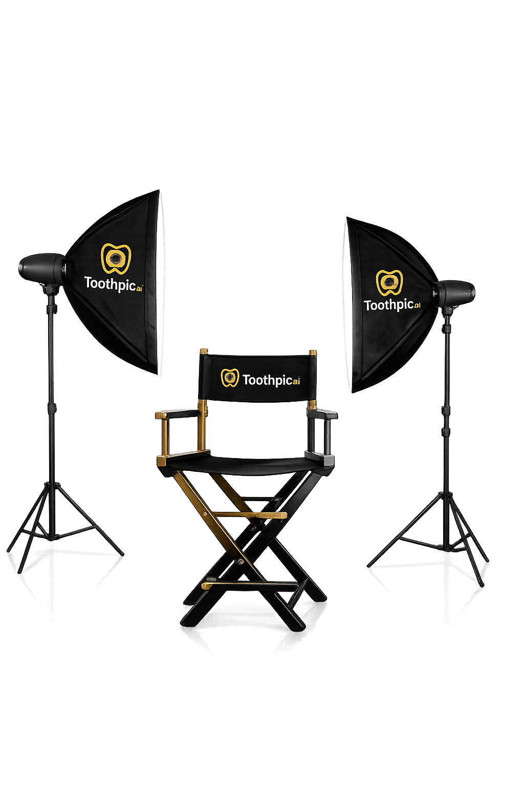 A black director's chair with a quot;Toothpic AIquot; logo, flanked by two studio lights with black umbrellas featuring the same logo, all set against a dark background.