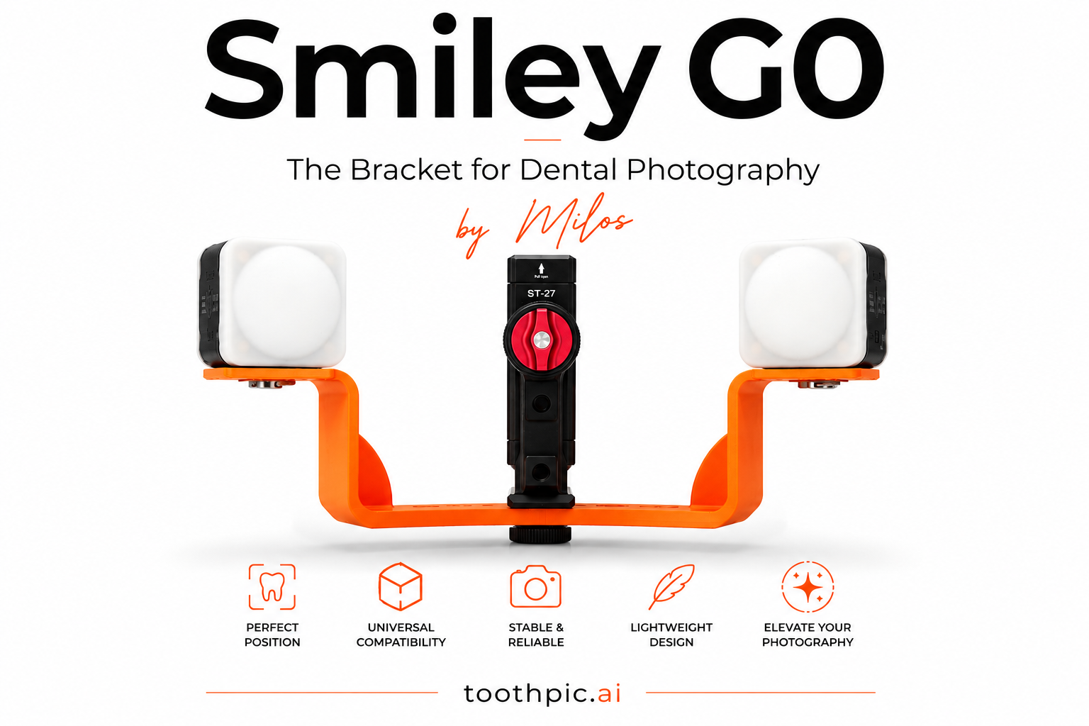 A dental photography bracket called Smiley GO with a black central component and orange frame, featuring two white light units on either side and various icons and text describing its features.