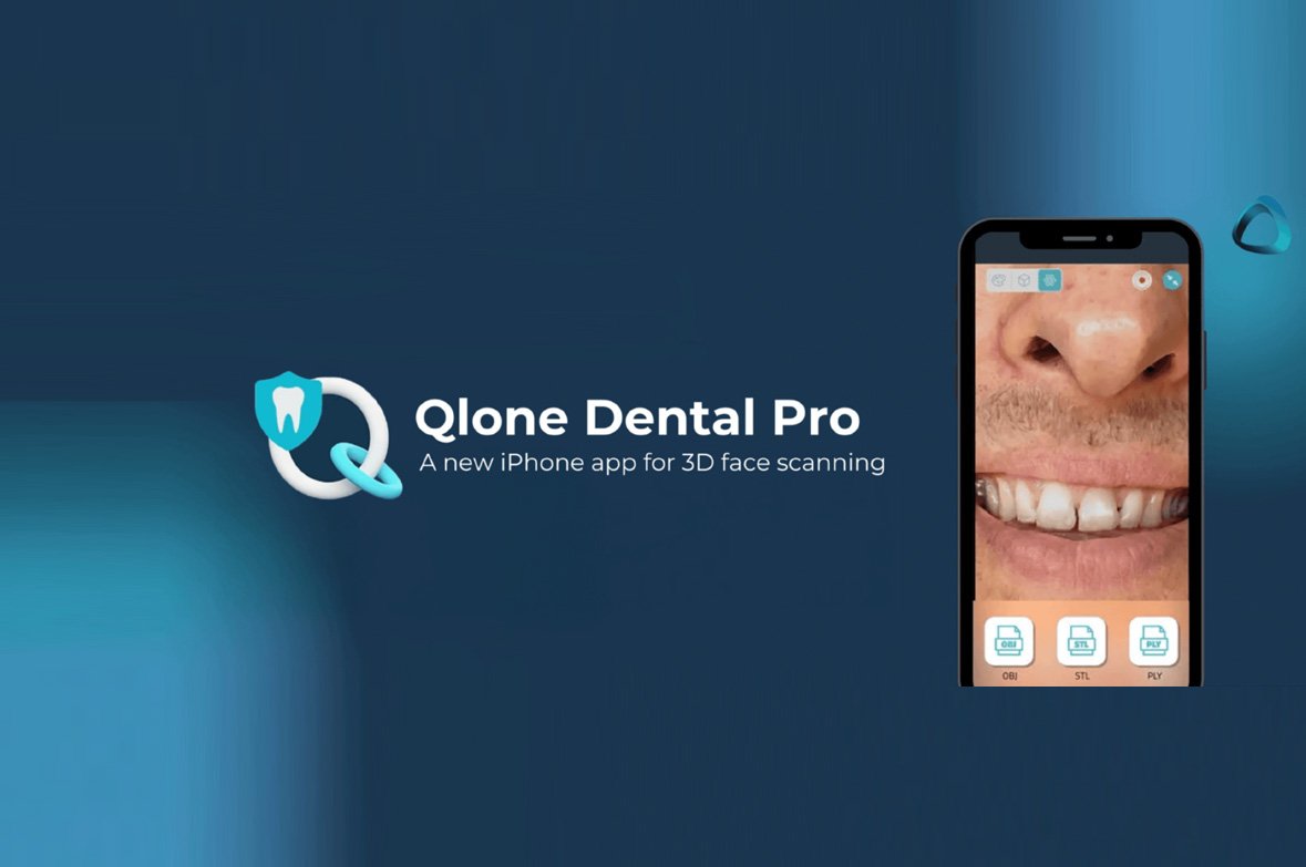 Advertisement for Qlone Dental Pro, a new iPhone app for 3D face scanning, showing a phone displaying a close-up of a person's nose and teeth.