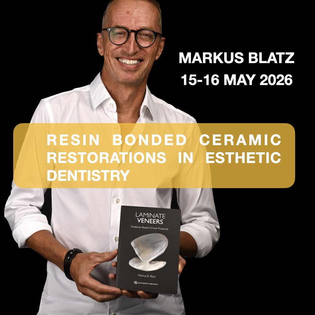 Dr Markus Blatz holding a book titled 'Laminate Veneers', smiling against a black background. Text on image promotes a lecture by Markus Blatz on resin bonded ceramic restorations in esthetic dentistry, scheduled for May 15-16, 2026.