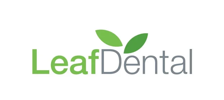 Logo for Leaf Dental with green and gray text and two green leaves above the 'f' in Leaf.