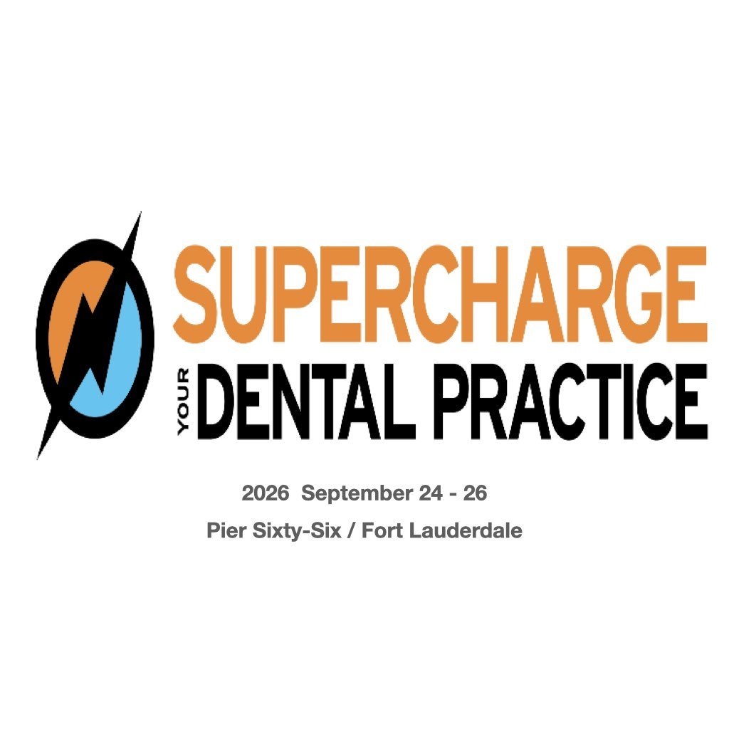 Event poster for 'Supercharge Your Dental Practice' conference, scheduled from September 24 to 26, 2026, at Pier Sixty-Six in Fort Lauderdale, featuring a logo with a lightning bolt.