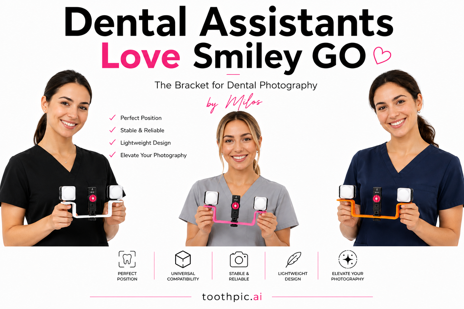 Three women wearing dental scrubs holding dental photography brackets, smiling, with promotional text about dental photography accessories.