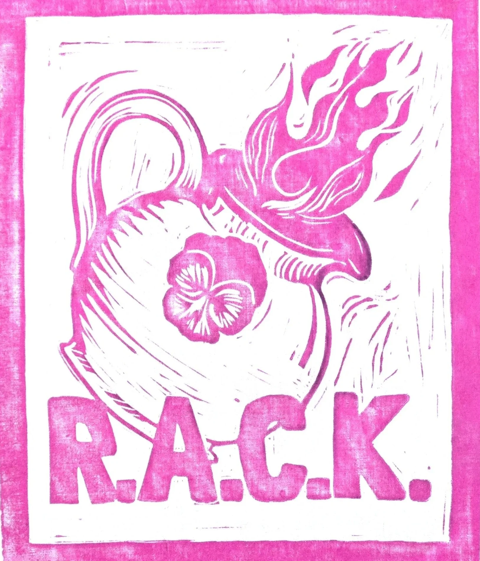 RACK's pink logo. A lino-cut image of pitcher with a pansy on the side and flames coming out of the top.