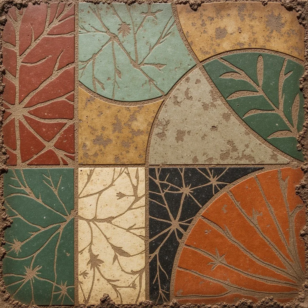an example of carved ceramic tiles with botanical illustrations, painted in various colors