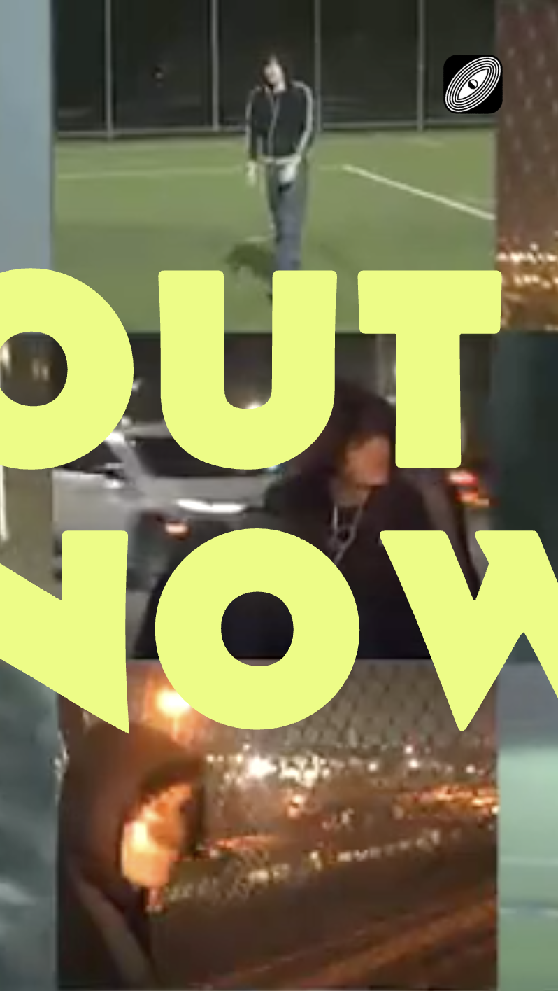 A collage of three scenes with large yellow text reading 'OUT NOW' overlaid. The top scene shows a person walking on a grassy field at night, the middle scene shows a woman with dark hair and a black jacket near cars at night, and the bottom scene shows a car driving at night with bright city lights reflecting off it.