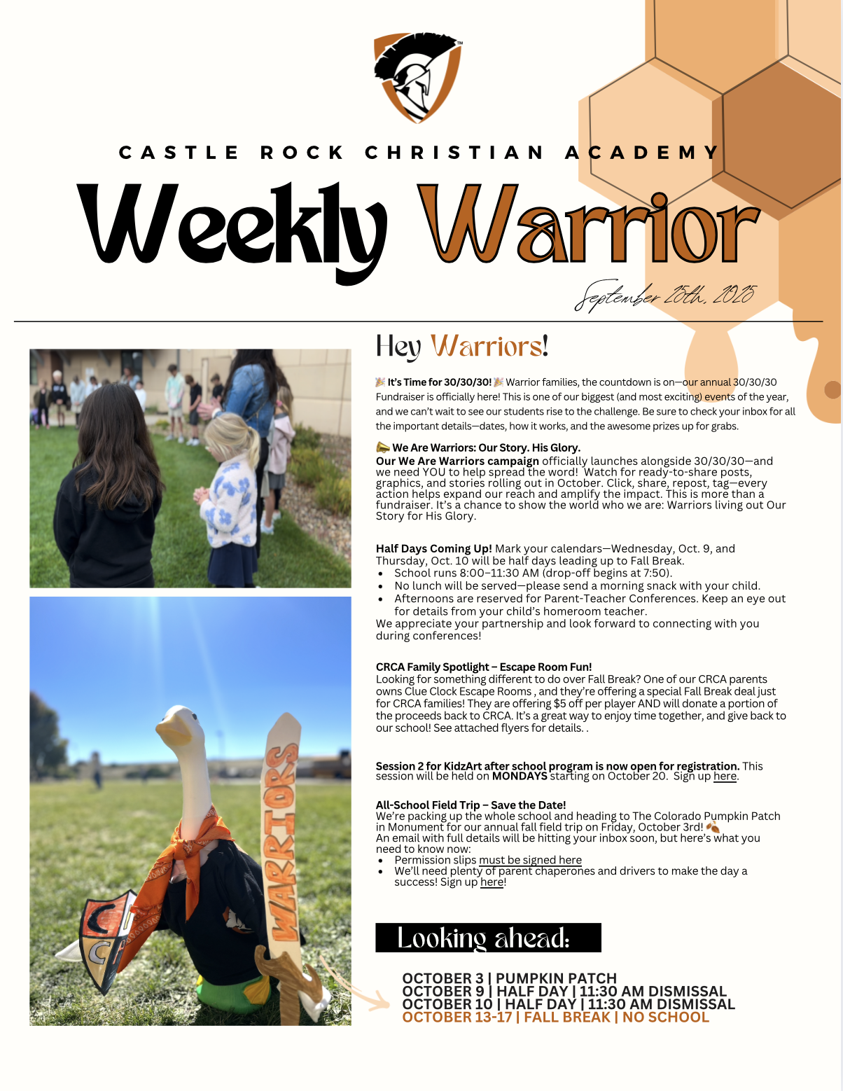 A school newsletter titled 'Weekly Warrior' from Castle Rock Christian Academy, dated September 26th, 2023, including announcements about upcoming events, including a pumpkin patch, half days, and fall break, with images of children and a mascot or toy wearing a cape and holding a sword.