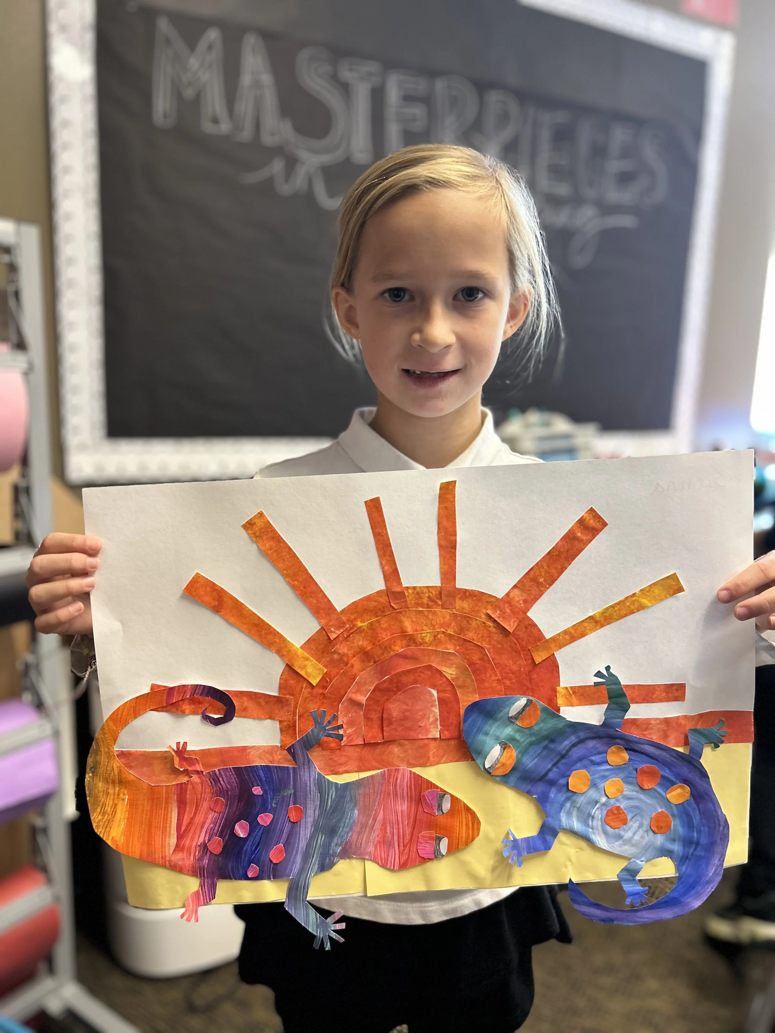 Student proud of her collage artwork