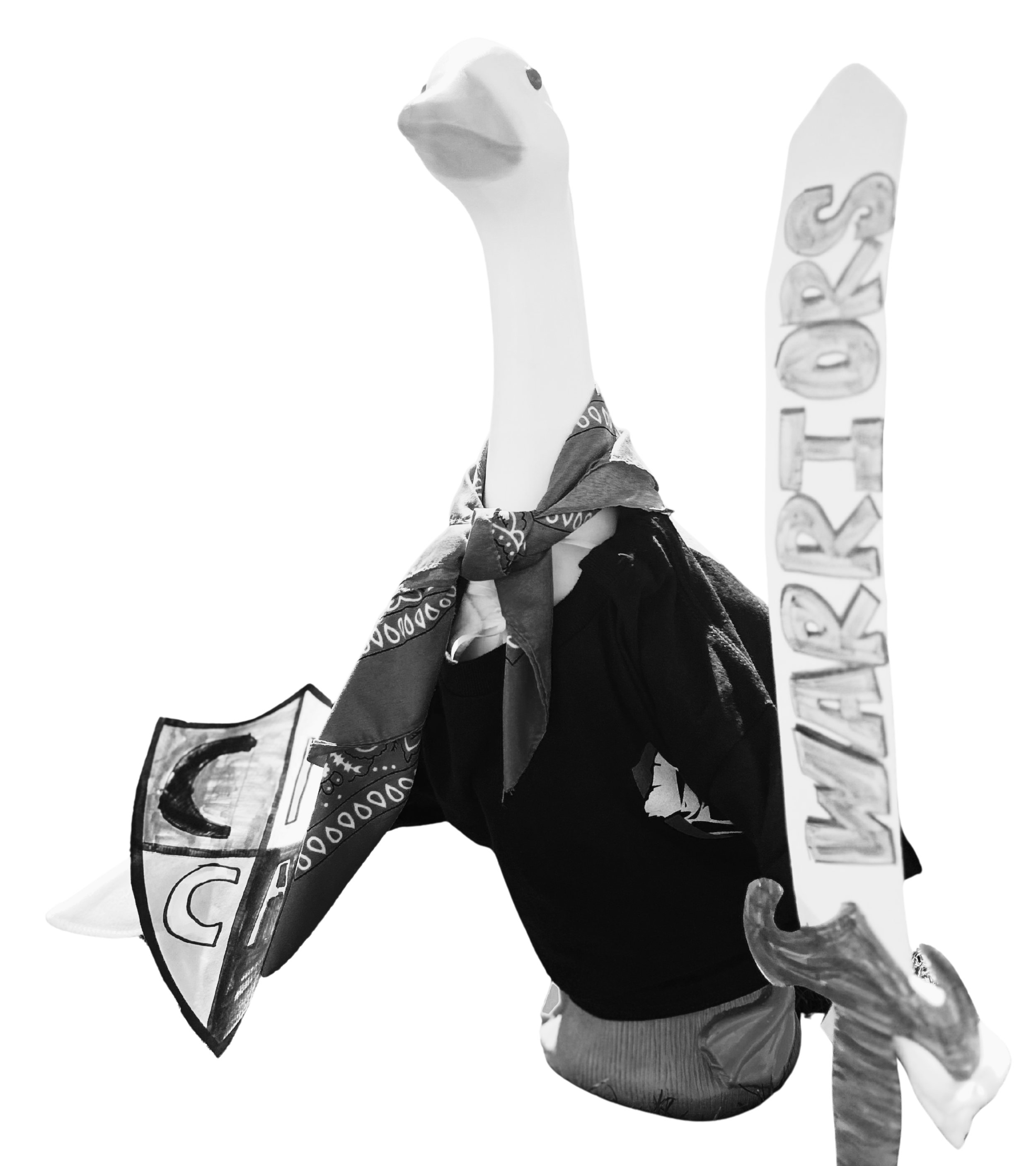 Porch Goose dressed as a warrior with sword and shield