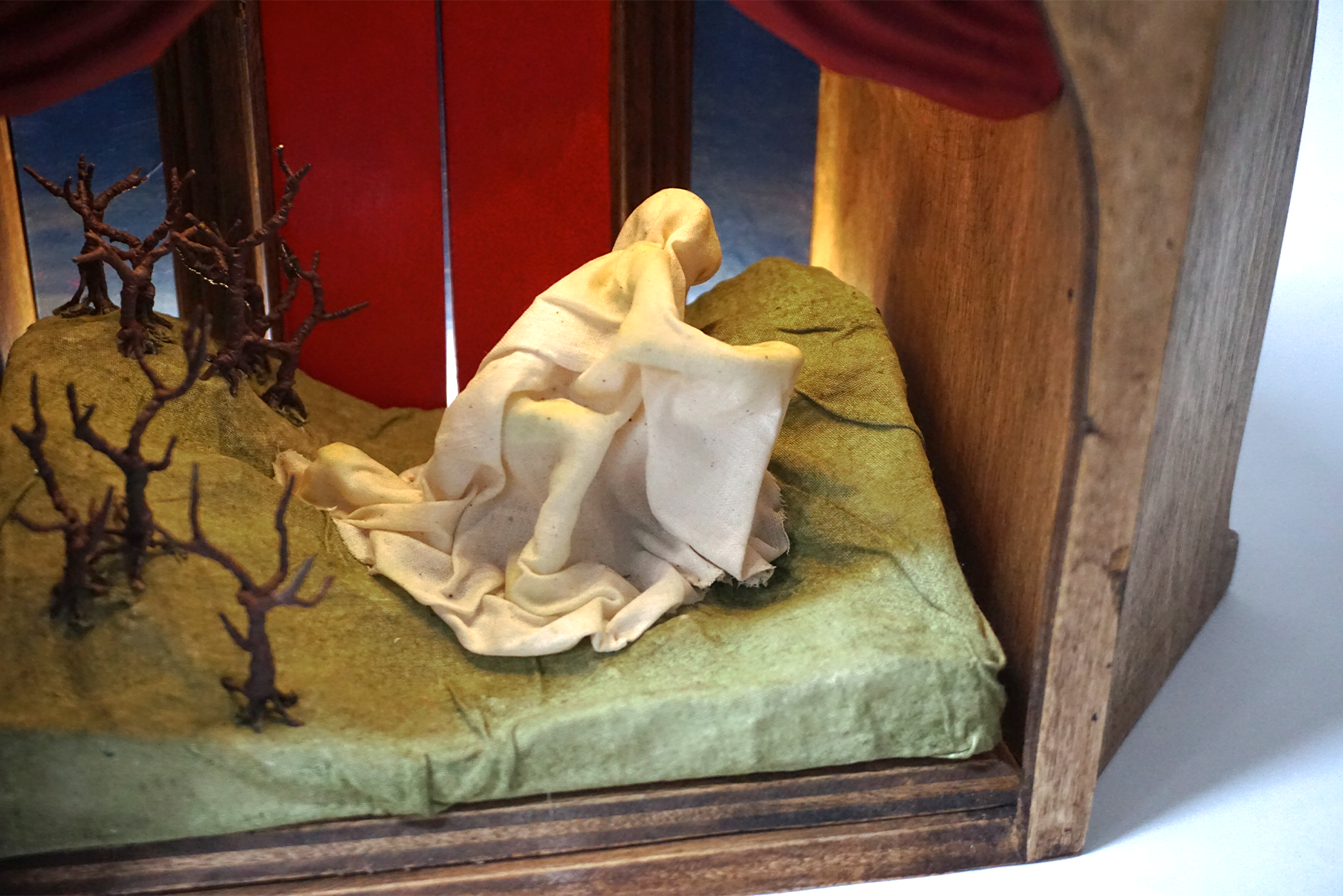 2024. wood, cardboard, plaster, starched fabric, wire, thread, acrylic paint, enamel paint, electrical wiring, batteries, switch, led light strip. 