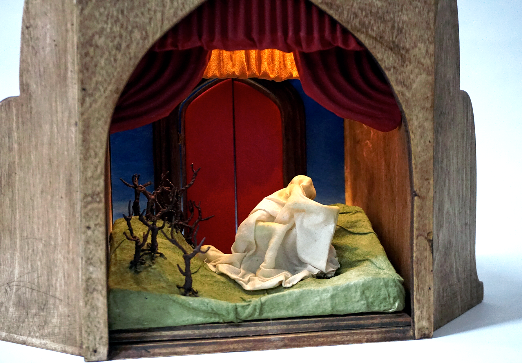 2024. wood, cardboard, plaster, starched fabric, wire, thread, acrylic paint, enamel paint, electrical wiring, batteries, switch, led light strip. 