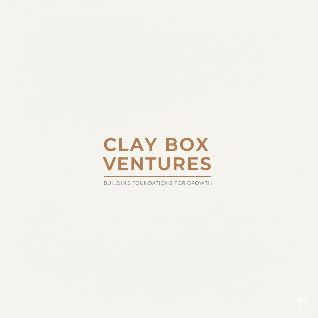 Logo for Clay Box Ventures with the tagline "Building Foundations for Growth" on a light beige background.