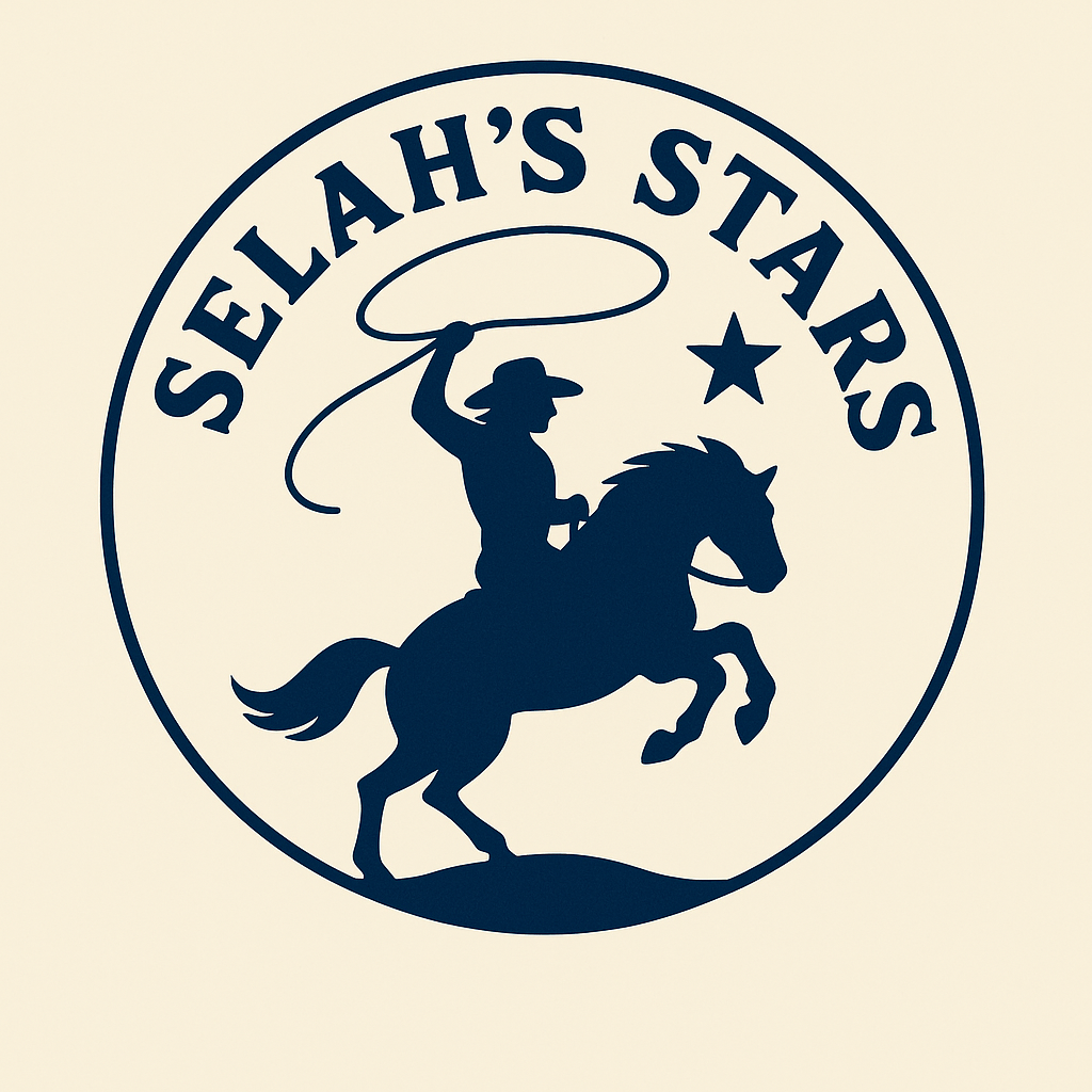 A circular logo with the text "Selah's Stars" at the top, featuring a silhouette of a cowboy riding a horse and holding a lasso, with a star to the right of the rider.
