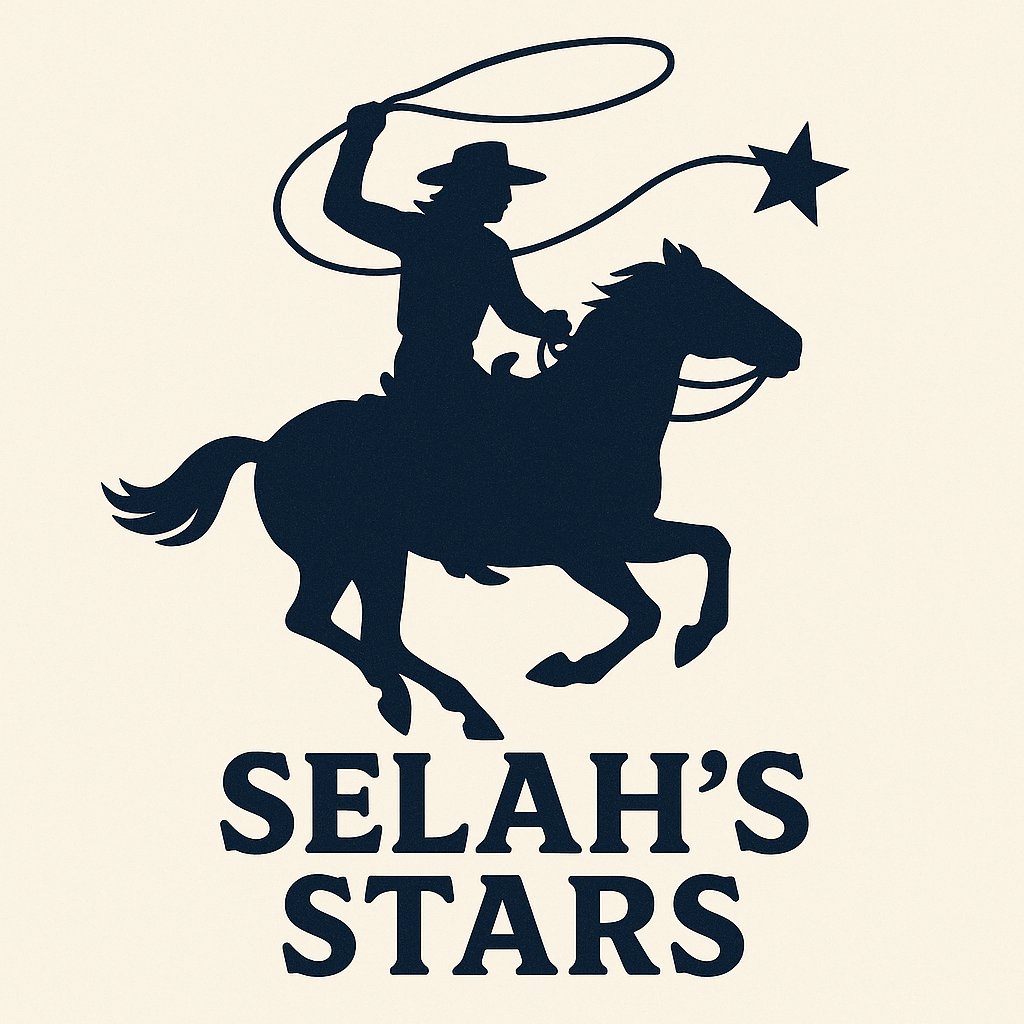 Silhouette of a cowboy riding a horse while twirling a lasso with a star at the end, with the text "Selah's Stars" below.
