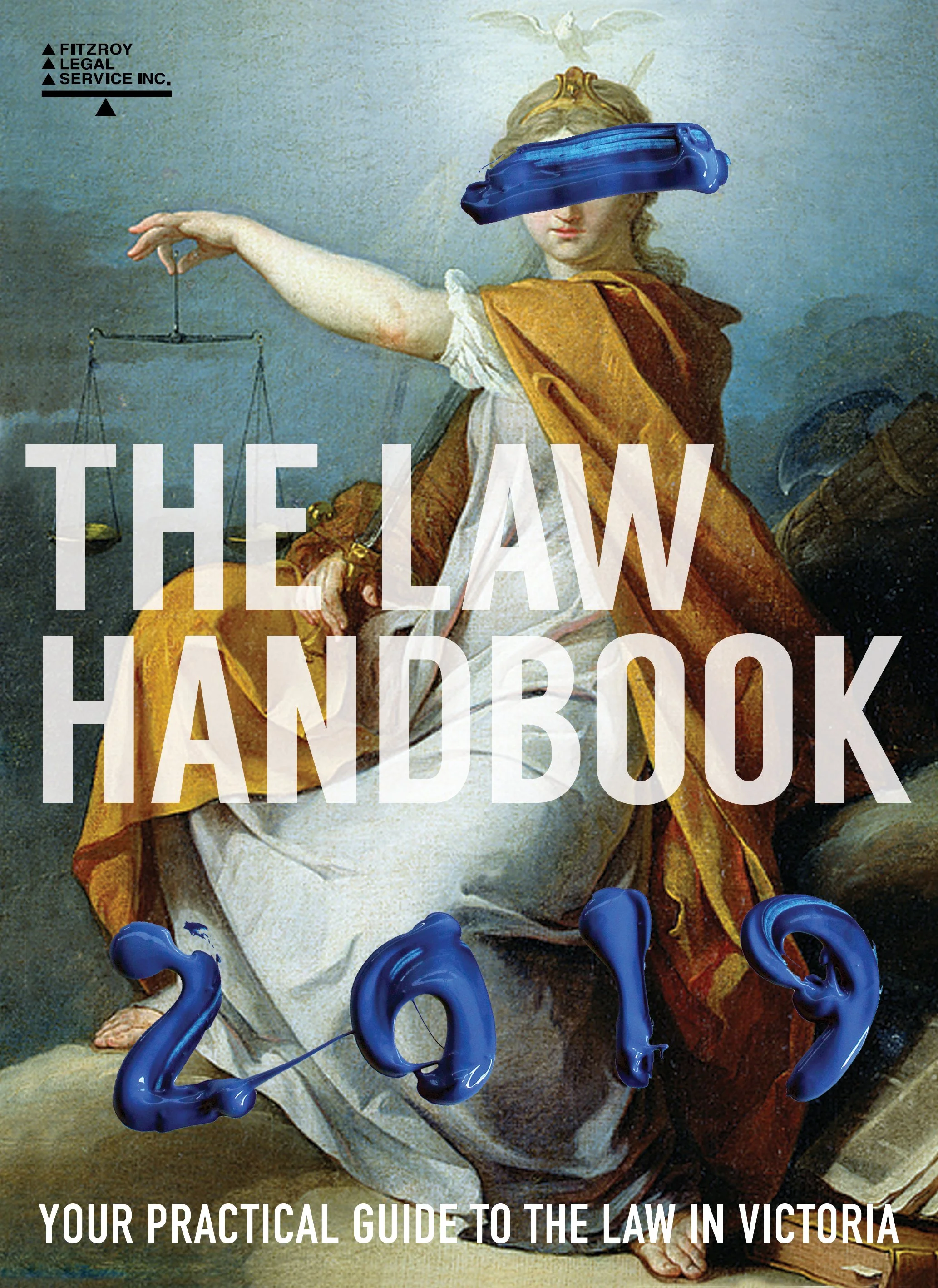 Cover of 'The Law Handbook 2019' featuring a classical painting of Lady Justice with a blue paint stroke over her eyes, holding scales, with the title and subtitle in large text.