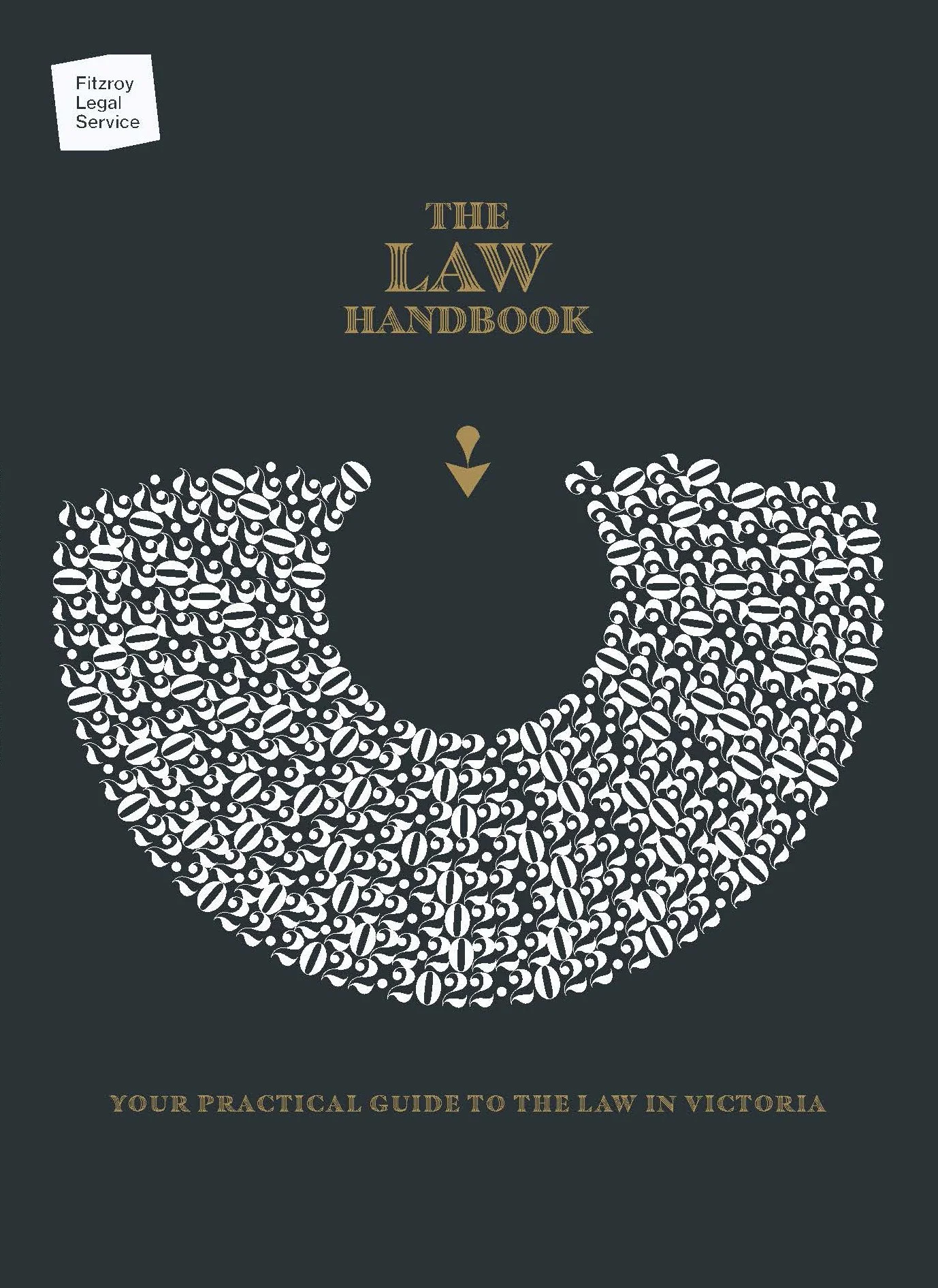 Cover of a law handbook titled 'The Law Handbook' with a crescent shape made of the years 2020-2022 in white, gold text above and below, and a note sticker in the top left corner reading 'Fitzroy Legal Service'.