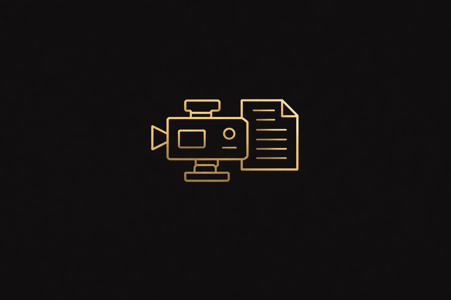 A minimalist gold outline of a camera with a piece of paper on a black background.