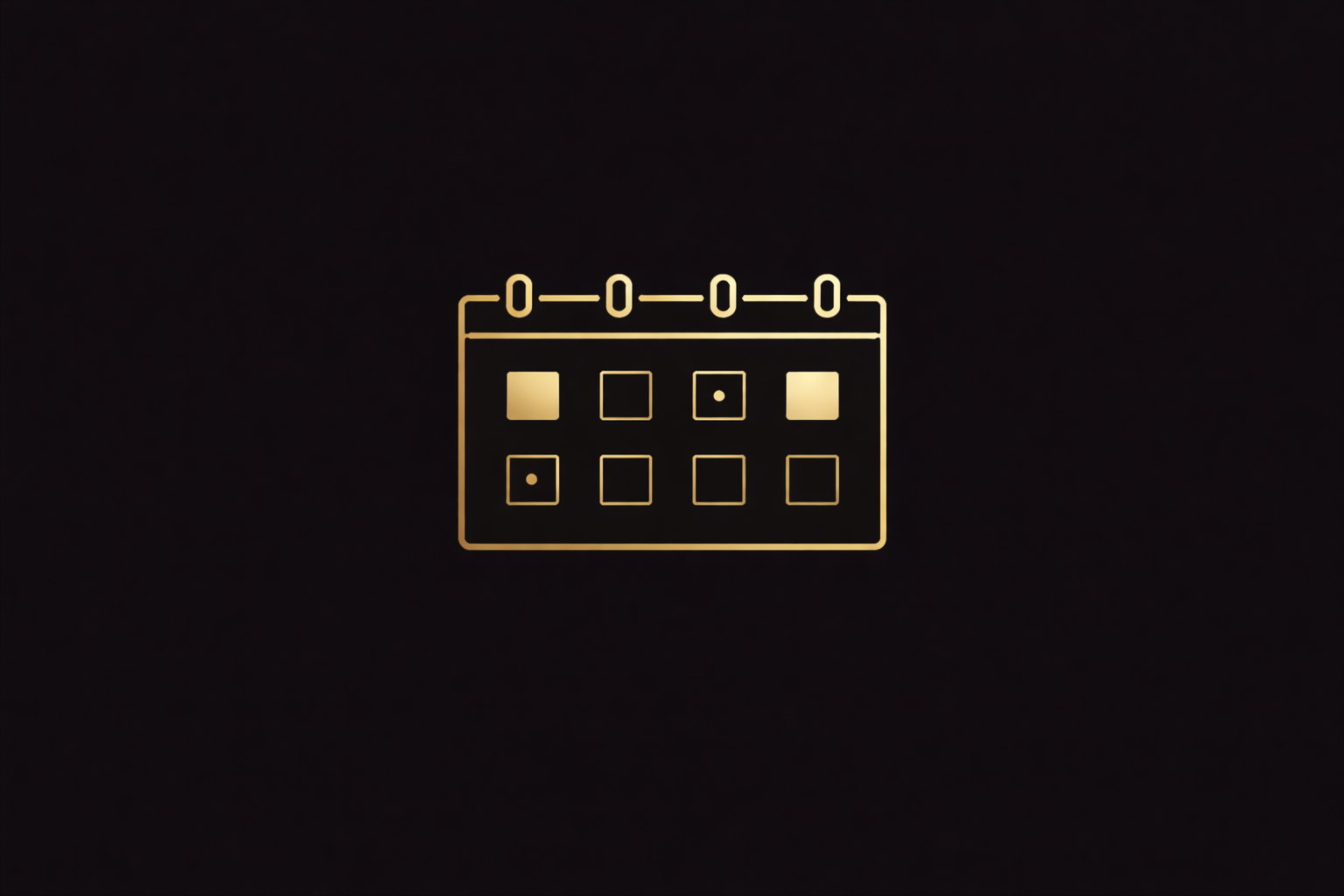 A digital illustration of a calendar in gold color on a black background.