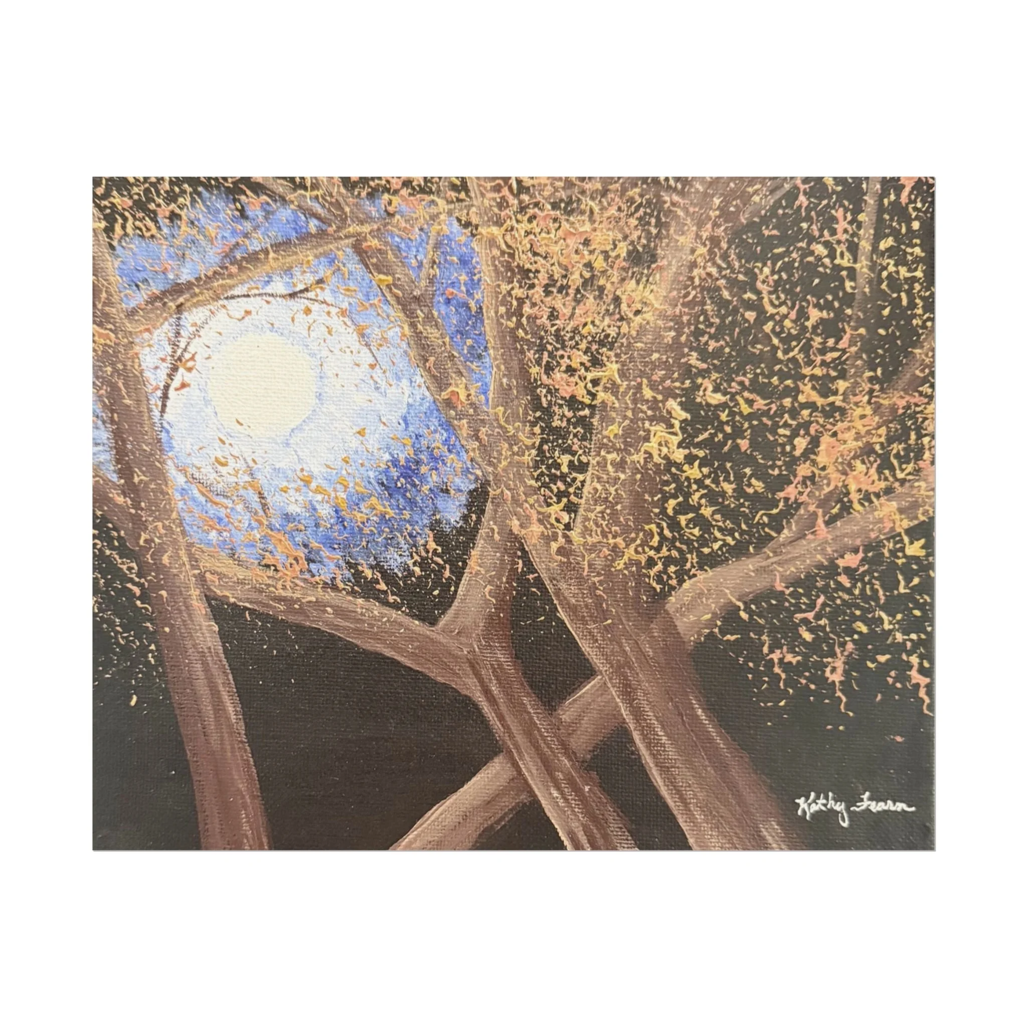 A painting of tree branches with colorful leaves and the moon visible in the sky at night.