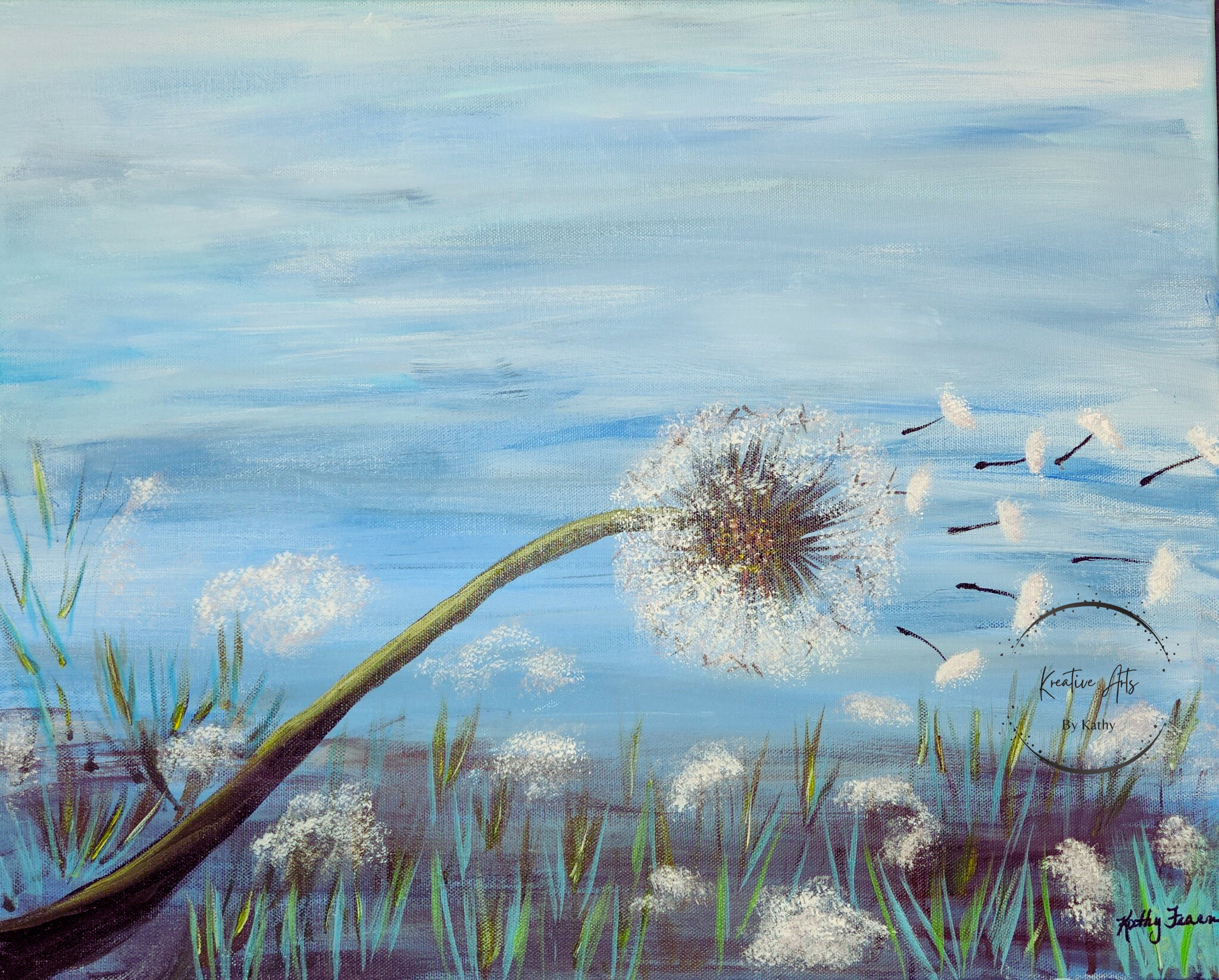 A painted landscape of a blue sky with wispy clouds, tall grass, and a large dandelion seed head with seeds blowing away in the wind.