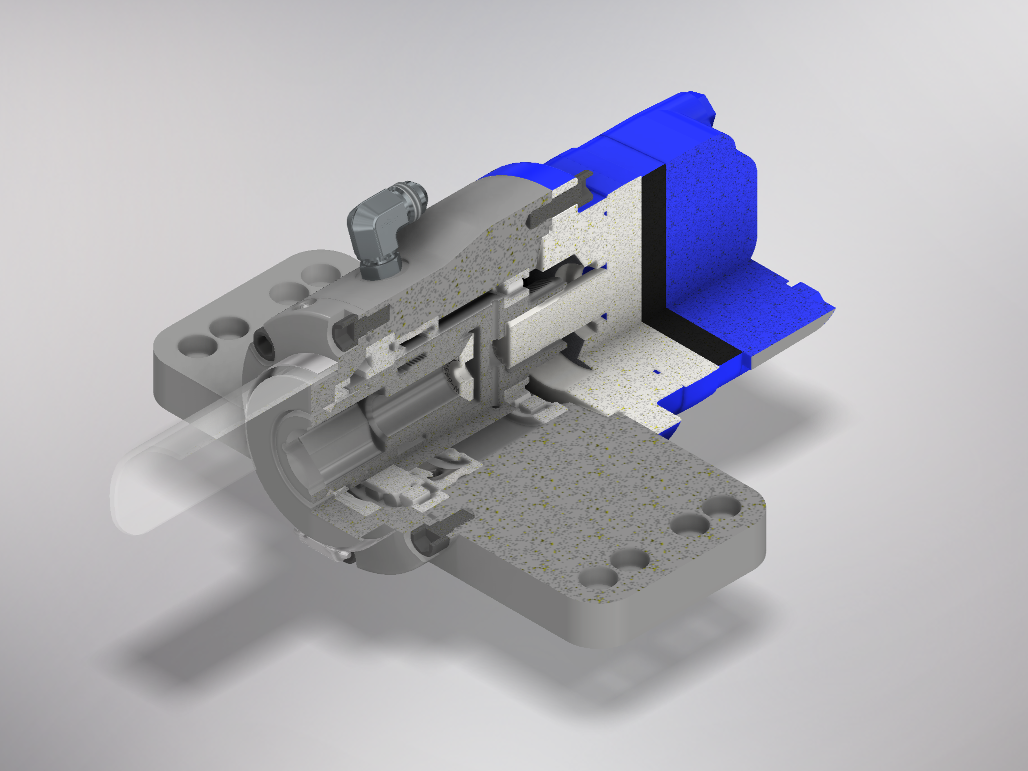 A detailed 3D CAD model of a mechanical assembly of underground mining equipment