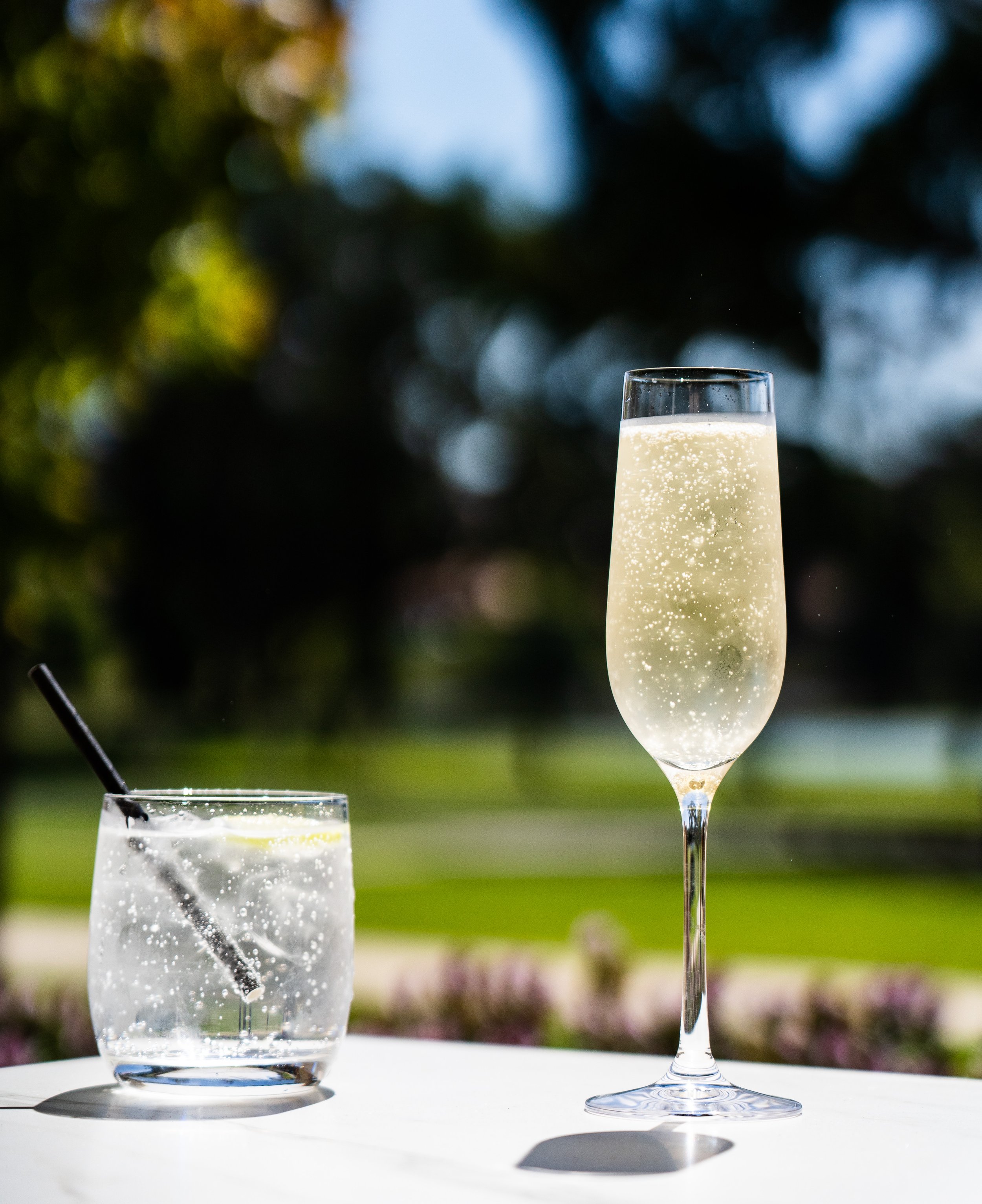 A glass of champagne and a glass of sparkling water with ice and lemon, outdoors on a sunny day.