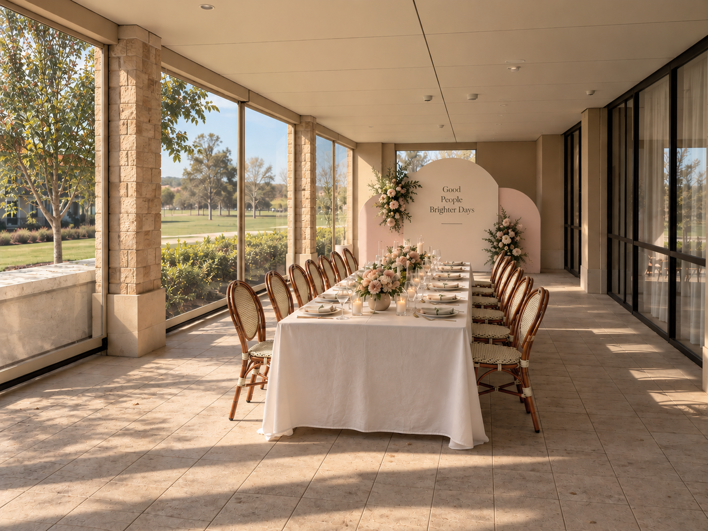 Outdoor patio with wicker chairs, a sofa, potted plants, and high-top tables.