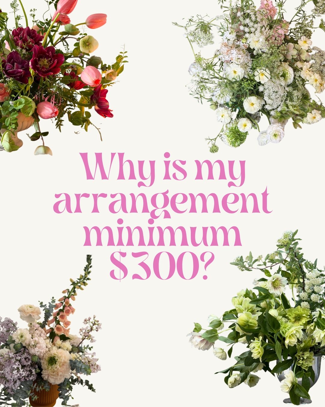 Let&rsquo;s talk pricing transparency.

Why is my minimum for a single arrangement $300?

1. I like flowers that happen to be expensive - even for wholesale. If you like my work, you like expensive flowers too. Lean in!

2. Each piece is customized b