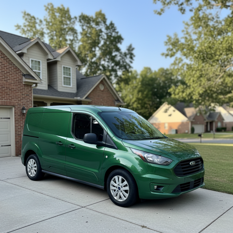 A green Ford Transit Connect cargo van parked in a driveway in front of a suburban house with a brick exterior and a gray garage door, surrounded by trees and other houses.