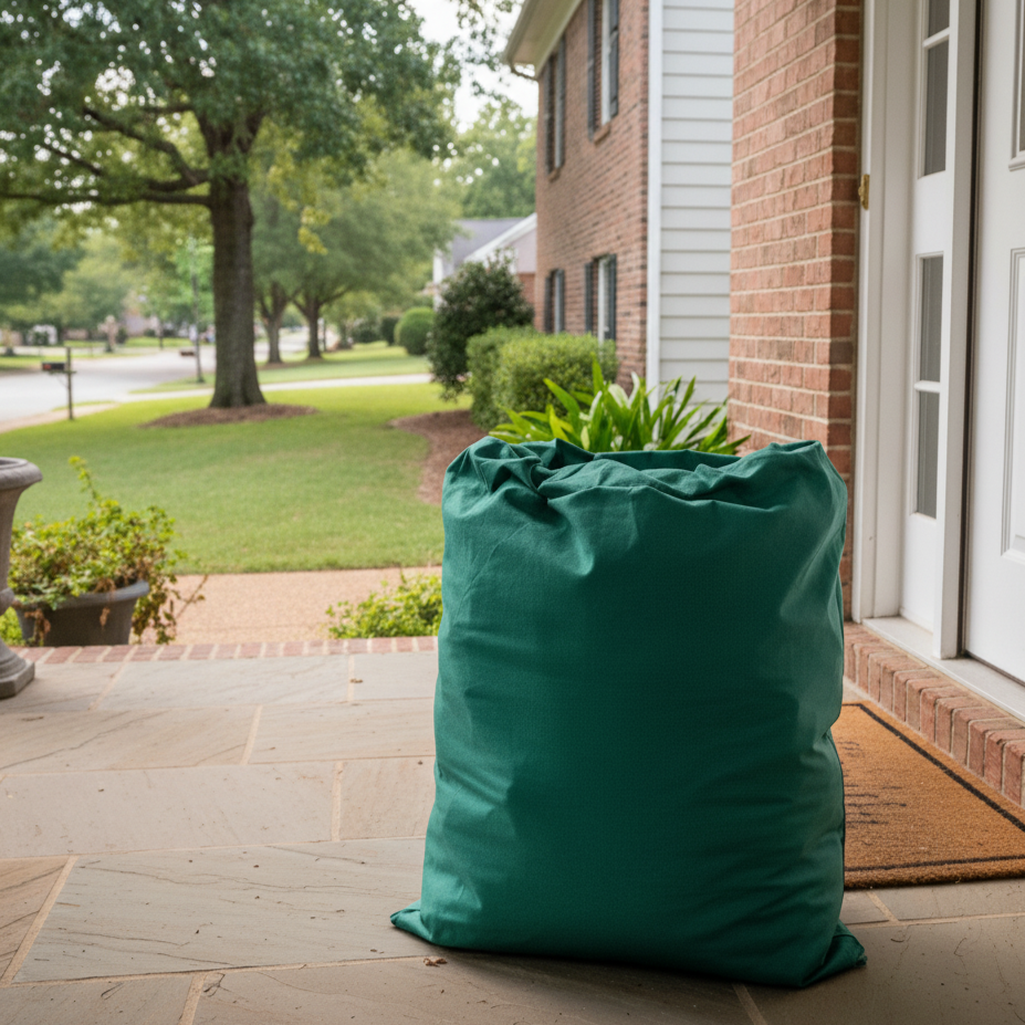 Green fabric storage bag on a porch with plants and a brick house in the background.