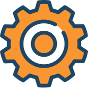 An illustration of a gear or cogwheel in orange and dark blue colors.