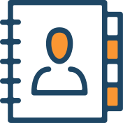 Icon of a notebook with a person's silhouette and film strip elements