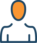 Simple icon of a person with an orange oval head, blue outline, and shoulders