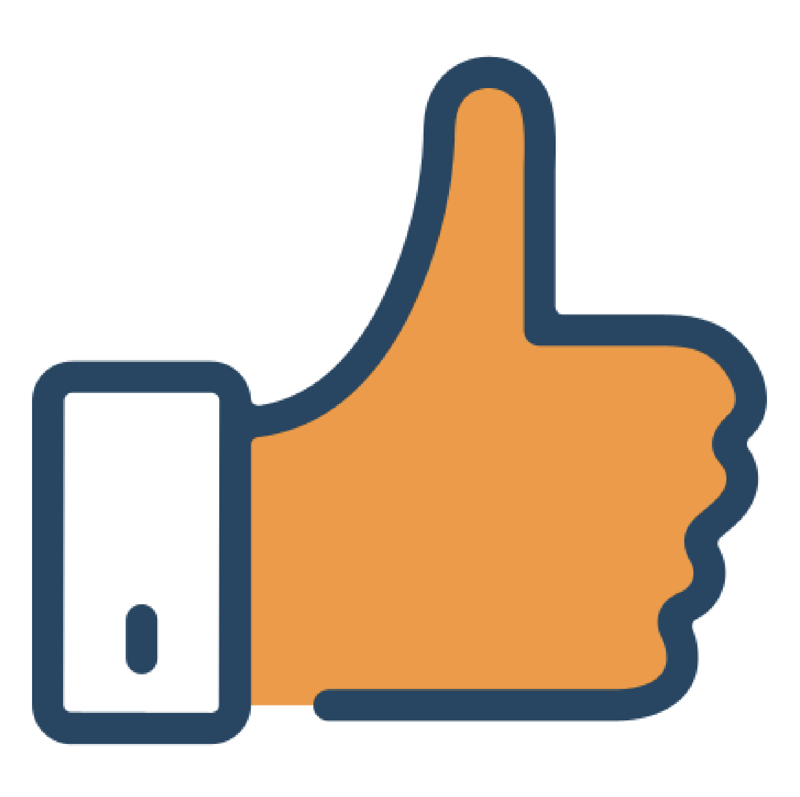 Illustration of a thumbs-up hand gesture, with the thumb extended upward and the other fingers curled inward, in orange and navy outline.