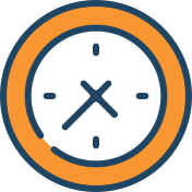 Close-up of a clock with black face, orange border, and simple hour and minute hands