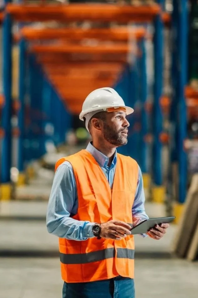 A man wearing a white safety helmet and orange safety vest holding a tablet inside a warehouse.