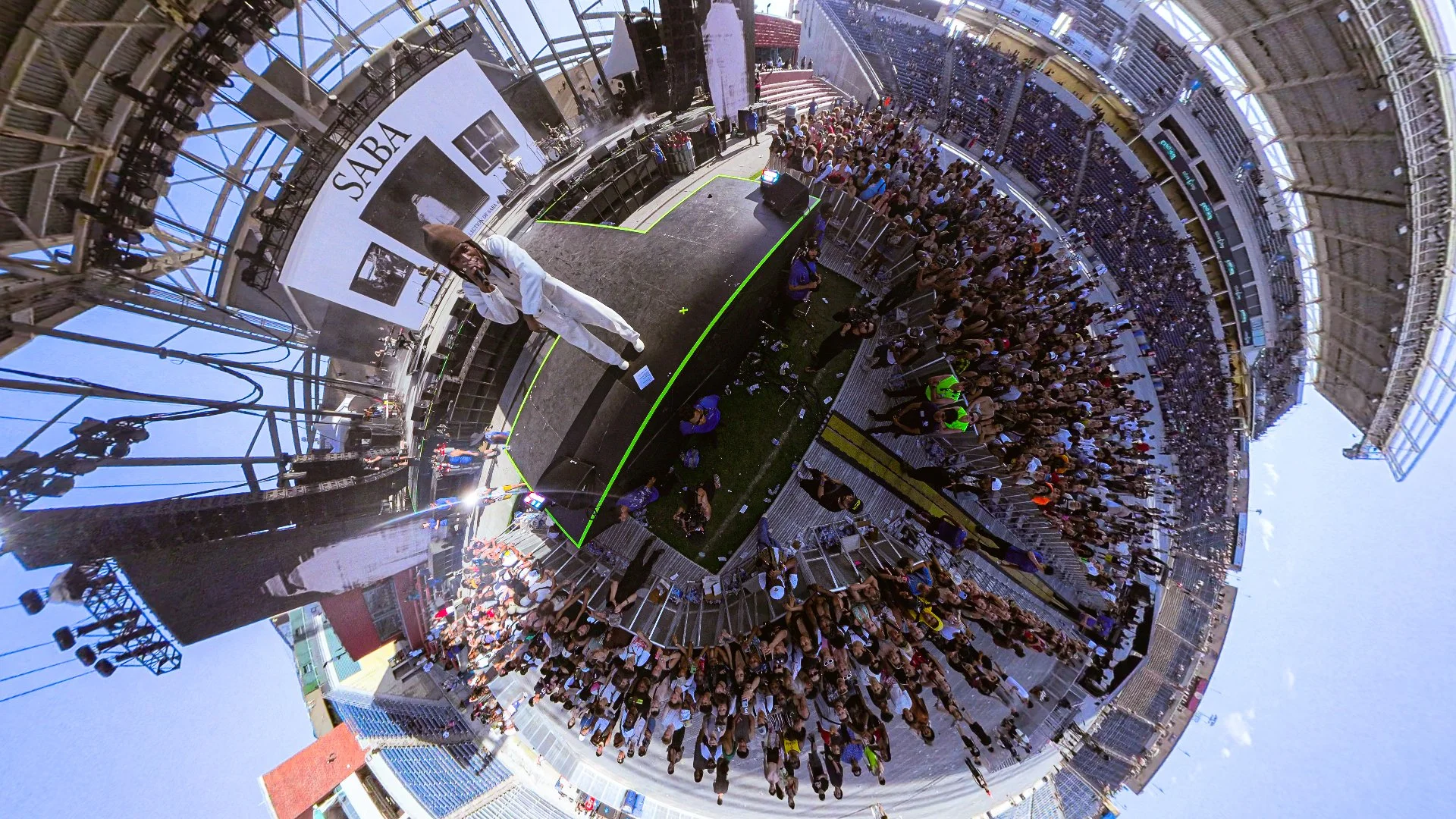 360 overhead event capture of Saba performing at Lyrical Lemonade Summer Smash presented by SPKRBX, photographed by DiverCity Artistry for live music and immersive content documentation.