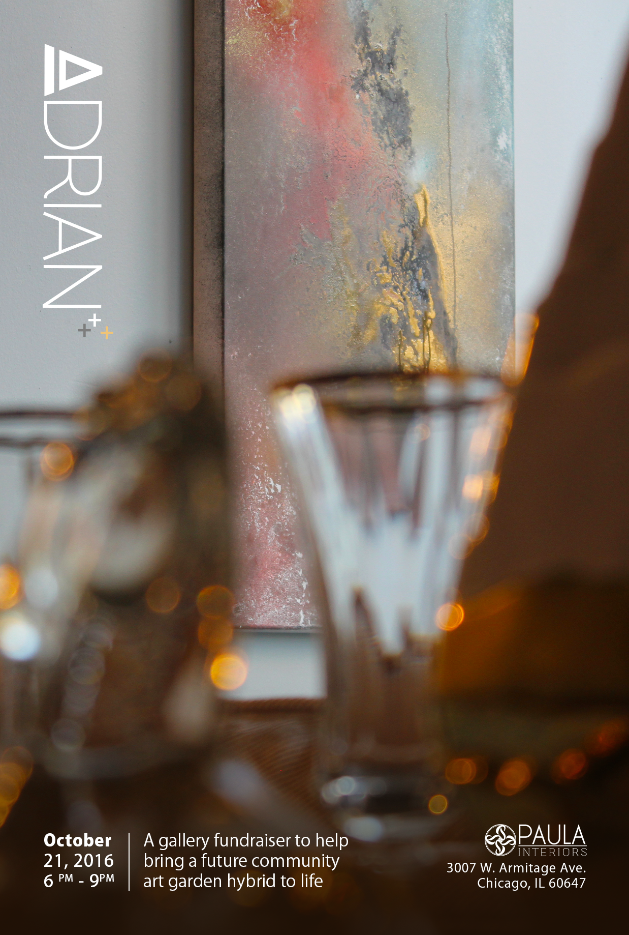A partially visible glass with a blurred background, flowers, and a framed abstract painting with pink, gold, and black colors. Text on the left side reads 'ADRIAN+'. Additional event details and the Paula Interiors logo at the bottom right.