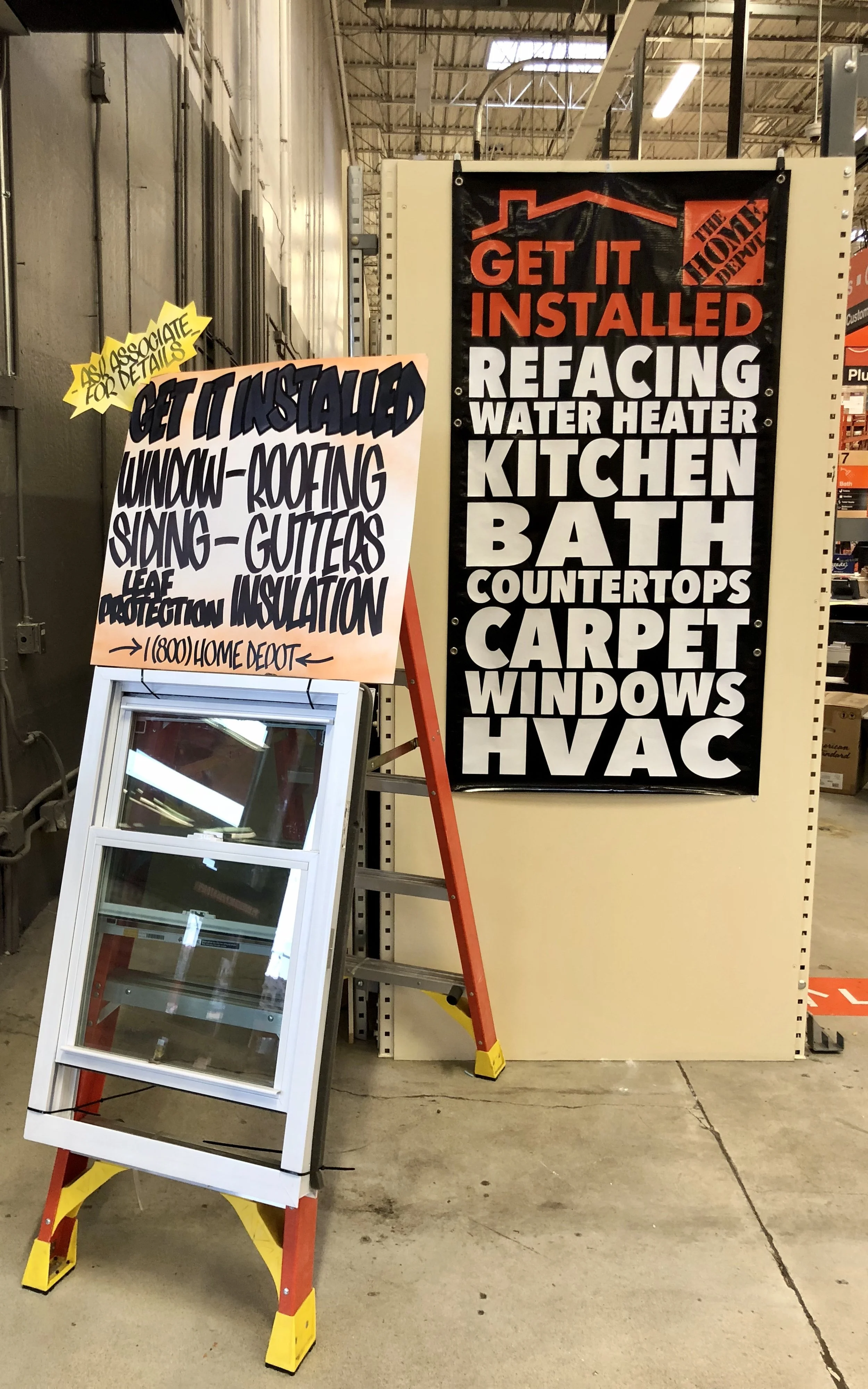 Hand-lettered retail signage and removable vinyl banner for Home Depot promotional display, enhancing customer visibility and clarity on the sales floor.