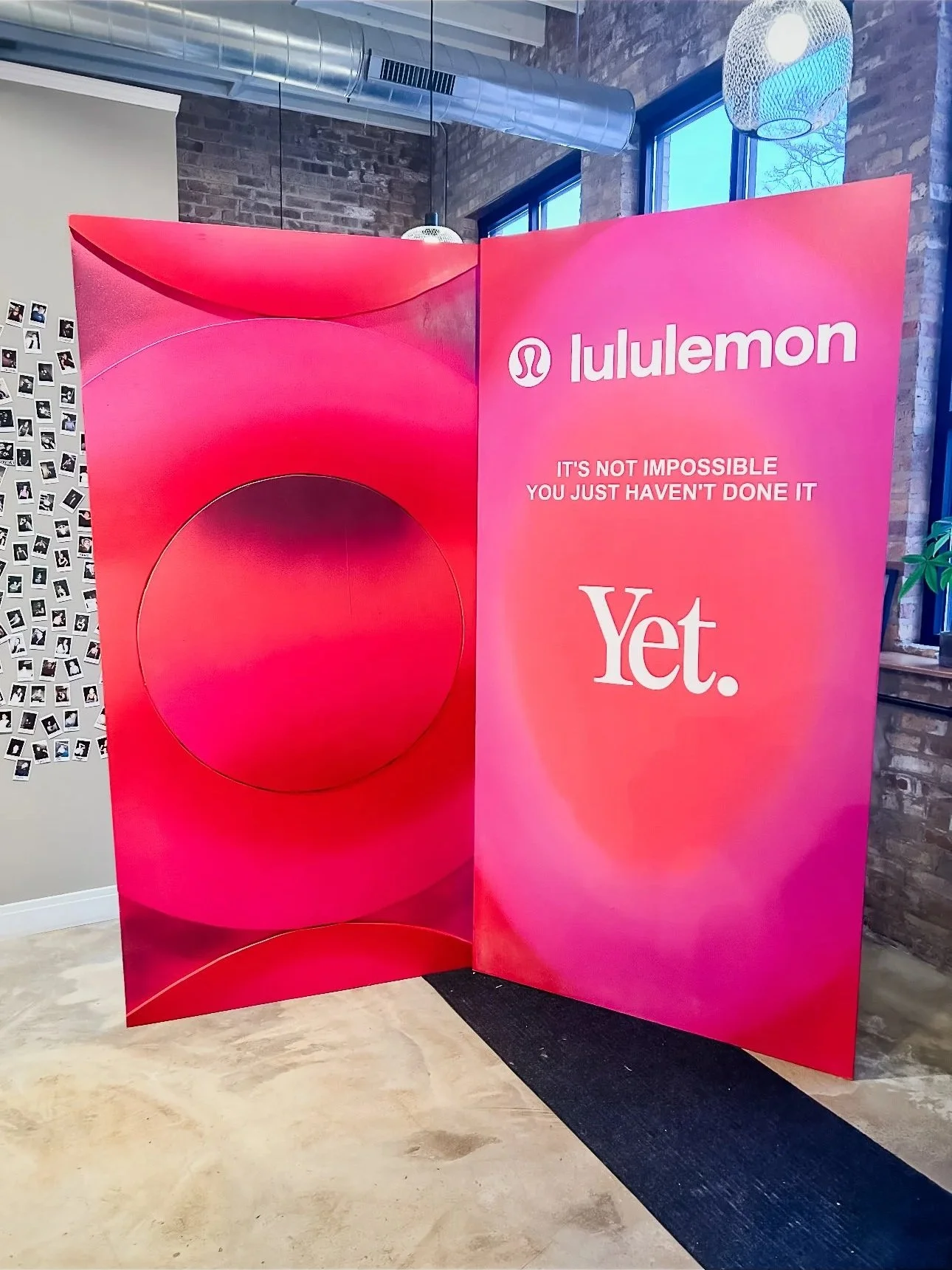 Custom Lululemon "Yet." event display featuring dimensional foam fabrication, scenic painting, and portable event panels created by DiverCity Artistry with structural support from BC Chicago Carpenters.