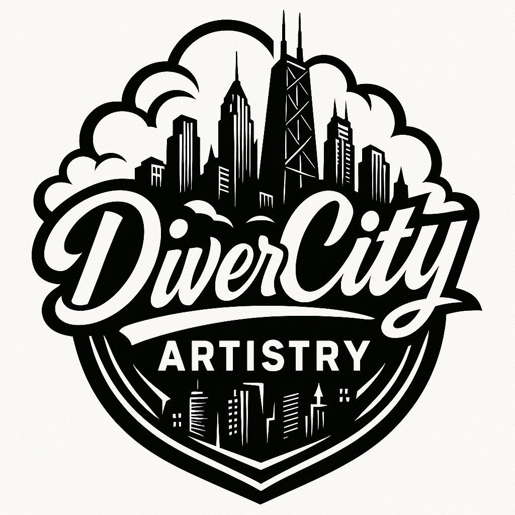 Black and white logo with a city skyline, including tall buildings and a tower, above the text "DiverCity Artistry".