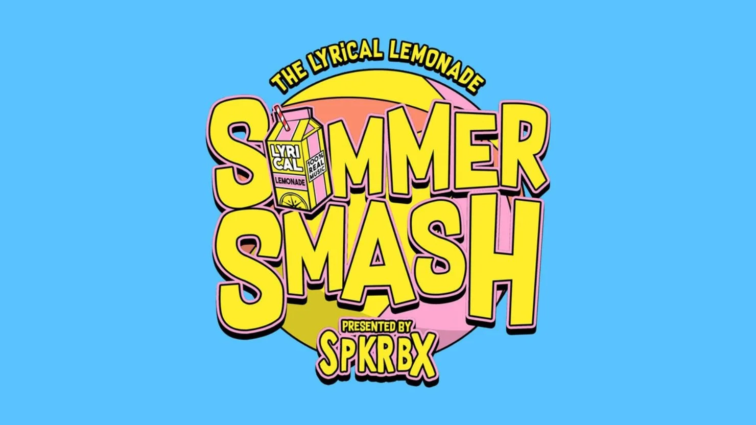 Colorful promotional graphic for the Summer Smash event with a lemonade cartoon drink and text describing the event, presented by SPKRBX, on a bright blue background.