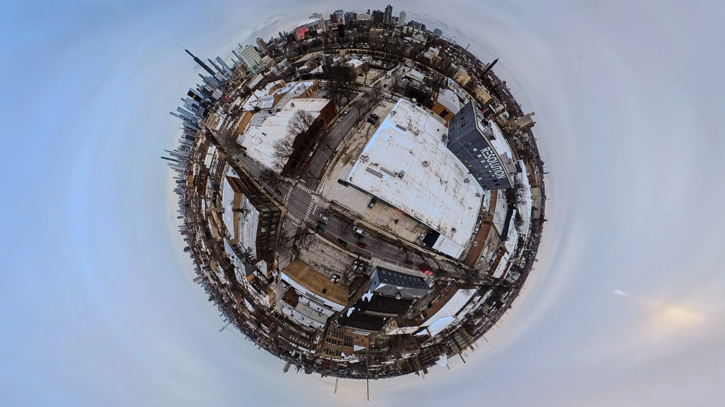 360 aerial drone view above Resolution Studios in Chicago, captured by DiverCity Artistry during FAA Part 107 licensed drone operations for creative content connected to SoundBites and Open Door Policy.