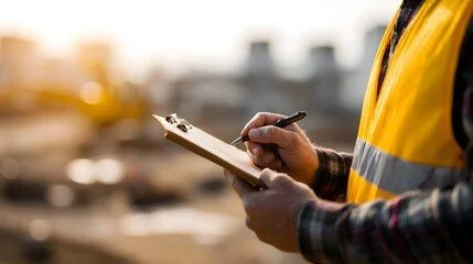 A person in a yellow vest writing on a clipboard at a construction site.