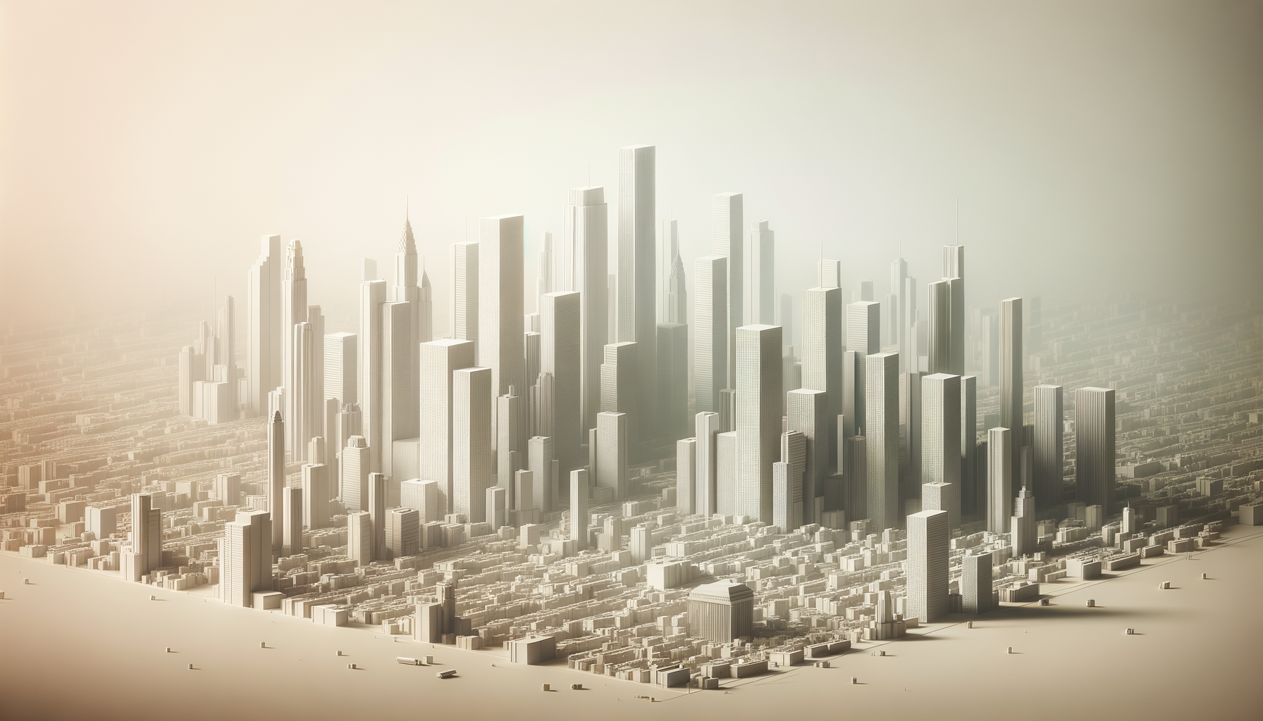 Vista en tonos sepia de un modelo arquitectónico de una ciudad con altos rascacielos