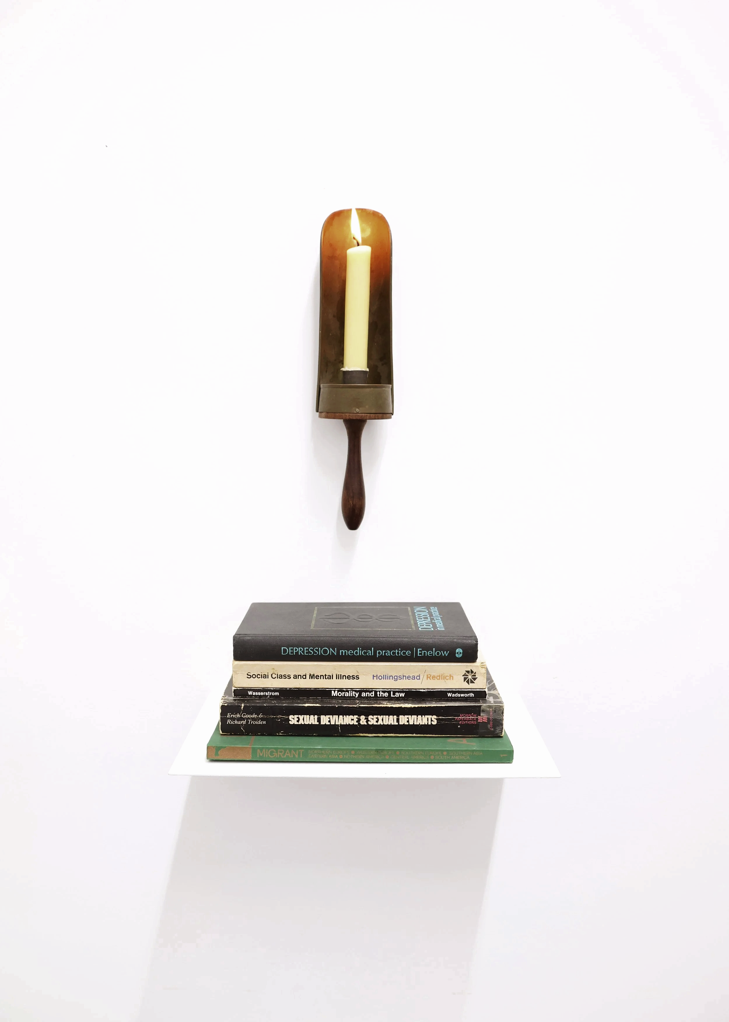 Wake #2
2025
antique chamberstick, books, metal
13" x 25" x 6" (33.02 x 63.5 x 15.24 cm)